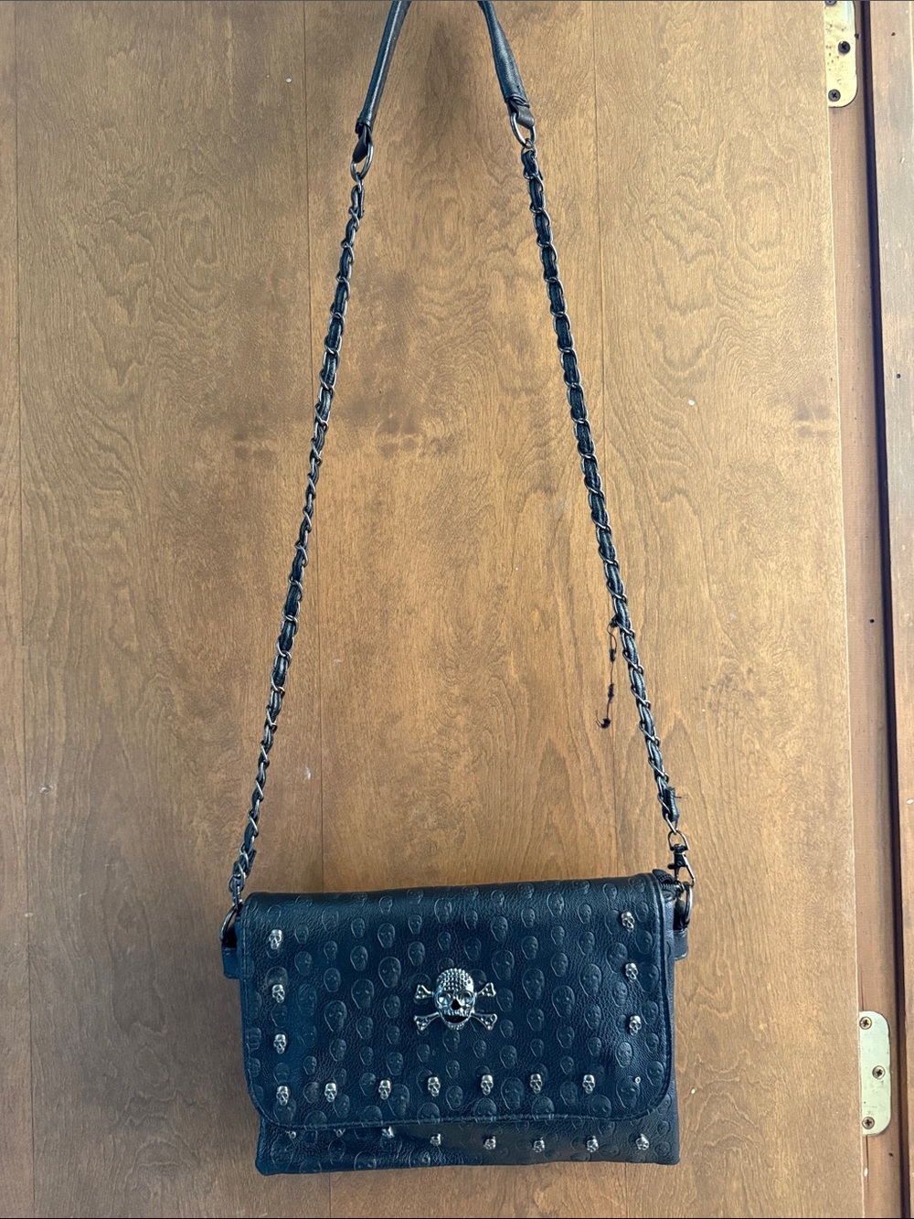 Skull-Accent Black Leather Crossbody Bag
